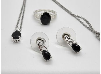 Black Tourmaline Earrings, Pendant Necklace & Ring In Stainless & Sterling