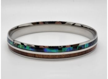 Abalone Shell, Acacia Wood Bangle In Stainless