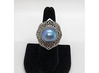 Bali, Blue Mabe Pearl Ring In Sterling