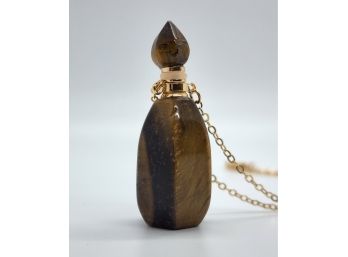 African Tigers Eye Perfume Bottle Pendant Necklace In Gold Tone