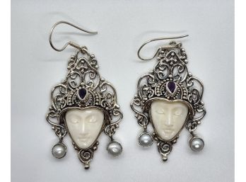 Bali Goddess Carved Bone, Multi Gemstone Earrings In Sterling