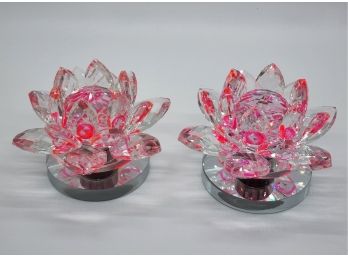 Set Of 2 Pink Crystal Lotus Flowers With Rotating Base
