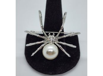 Cool Silvertone Brooch With White Faux Pearl