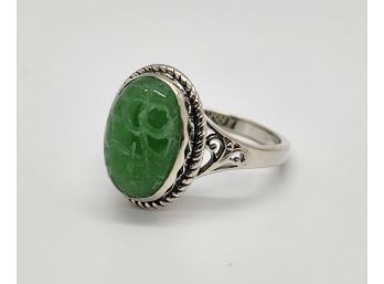 Carved Green Jade Ring In Sterling
