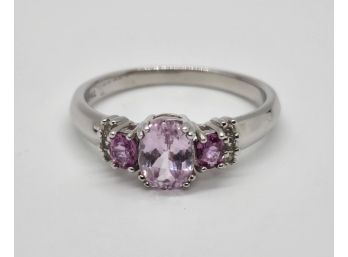 Kunzite, Pink Sapphire & White Zircon, Rhodium Over Sterling Ring