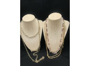 3 Necklace Lot - Costume Including Napier - Long Gold And Cultured Pearl With Stones