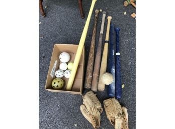 Get Ready For Baseball!  Assorted Baseball Equipment - Mitts, Wooden And Wiffle Bats, Balls