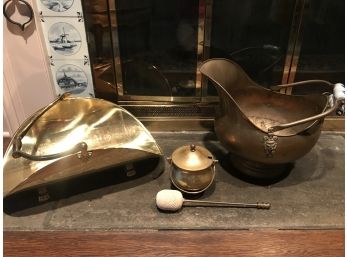 3pc Fireplace Set - Brass Log Holder, Coal Scuttle With Porcelain Handles And Brass Smudge Pot