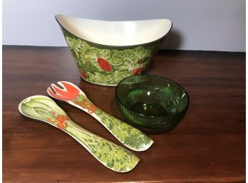 Festive Acrylic Salad Bowl And Tongs  Plus Vintage Green E.O. Brody & Co Green Glass Ribbed Bowl