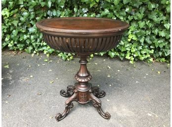 Antique Carved Mahogany Oval Side Table 25'L X 30'H - Lattice Edged With Fabric Interior