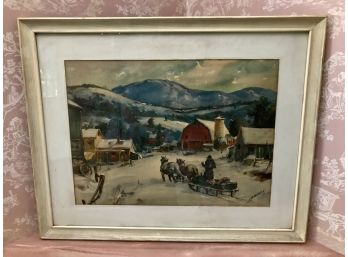Vintage James Sessions Framed Watercolor Print  - Winter Barn Landscape - Wood Frame