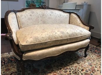 French Style Carved Wood Settee With Down Filled Cushion, Silk Blend Upholstery 51.5' L