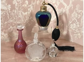 4pc Perfume Bottle Collection - Vintage Carnival Glass Atomizer, Orrefors, Sasaki Crystal Japan Plus