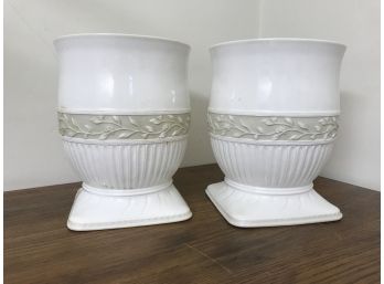 Pair Of Ceramic Planter Pots -10' High White With Detail