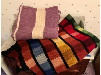 Pair Of Vintage Hand Knit And Crocheted Afghans Throws - Color Block And Lavender