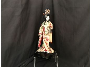 Japanese Geisha Kabuki Doll Wearing A  Silk Kimono And Headpiece