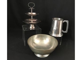 3PC Lot - Pewter Steef Bowl And Glass Bottomed Stein Plus Silver Plate Treat Tray