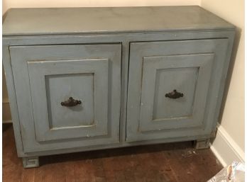 Antiqued Blue Painted Heavy Wooden Storage Cabinet Or Buffet - Two Drawers & Under Storage