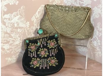 Antique Needlepoint And Beaded French Evening Bags - Elaborate Clasps - Chunn Paris Art Deco