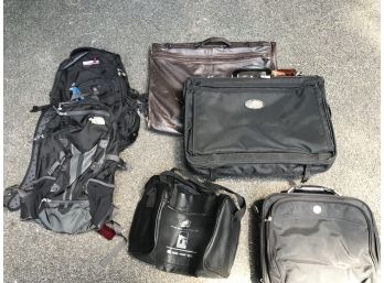 6 PC Lot Assorted Bags - Backpacks, Totes, Laptop, Garment, Duffle Including Northface, Swiss Gear & Leather
