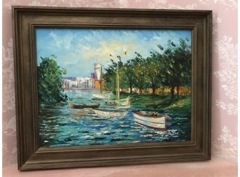 Mary Botto( American 1913-2002) Signed Oil On Canvas -  Vibrant Boat Scene