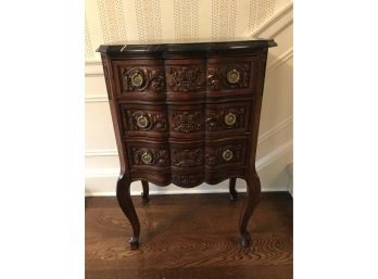 Antique Carved Louis XVI Style Marble Top Three Drawer Petite Chest/ Nightstand Table