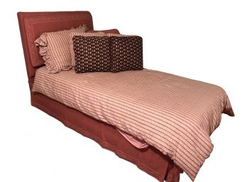 Twin Size Bed On Platform With Upholstered Headboard And Skirt - Mattress & Bedding Optional