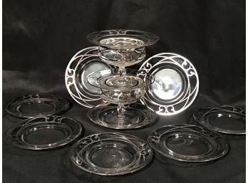 12PC Lot Of Antique Glass Saucers & Dessert Cups With Sterling Overlay