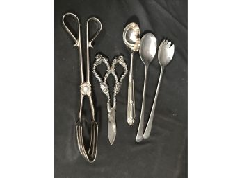 5pc Serving Utensils  - Some Old, Some Newer - Salad Tongs, Scissors, Ice Cream Scoop, Salad Fork Plus
