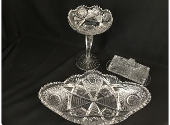 3pc Vintage Heavy Cut Glass Table Ware - Tall Bowl, Small Oval Bowl, Butter Dish