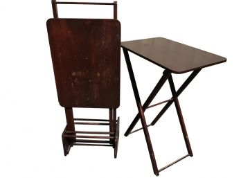 Petite Wooden Tray Tables With Handled Storage Stand