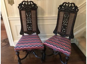 Pair Of Antique Carolean Style Carved Mahogany & Caned Back Chairs With Needlepoint Seat Covers