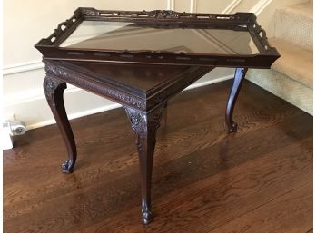 Chippendale Style Glass Topped Tray Table - Antique Carved Wood 28x18x21