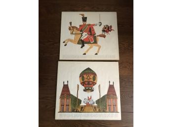 Whimsical Pair Of Prints On Board - Montgolfier Balloon, Chasseur A Cheval Of The Imperial Guard