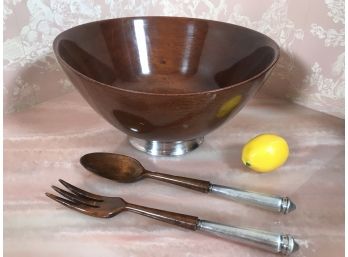 Vintage Revere Sterling Mahogany Salad Bowl And Tongs With Sterling Handles & Bowl Base - MCM