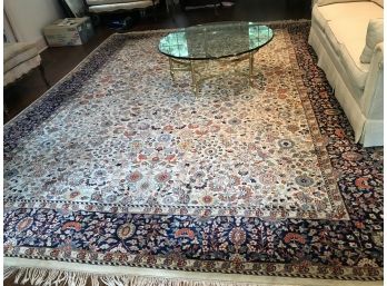 Tabriz Hand Knotted Persian Wool Area Rug 13' X 10' - Navy, Cream With Fringe Edge