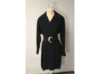 Vintage Bill Blass Belted Black Dress With Pleated Skirt - Size 6 - Gold Belt