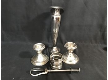 5pc Sterling Assorted Pieces - Candlesticks, Vase, Ice Tongs, Napkin Ring