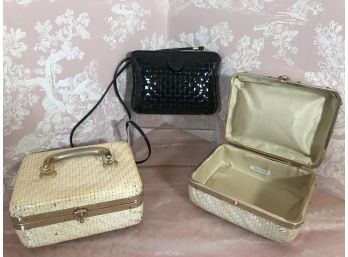 3 Vintage Purse Bags - Wicker With Gold Hardware And Patent Leather Woven