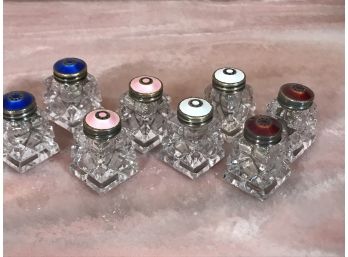 4pc Antique Crystal Sterling And Enamel Miniature Salt & Pepper Sets In Original Box