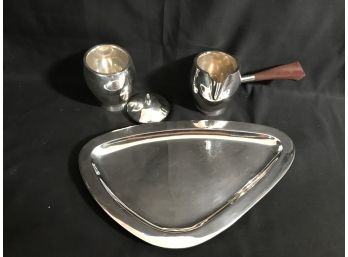 MCM Mexican 925 Silver 3pc Cream & Sugar Set On Tray - Wooden Handled Pitcher