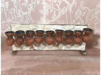 Modern Hanukkah Clay Pot Menorah On Heavy Brass & Stone Stand - Oil Lamp  10'L