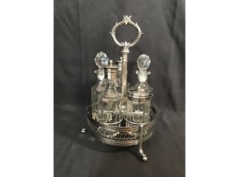 Vintage 6pc Silver Plated Cruet Or Condiment Set With Carry Stand - No Maker Mark Noted