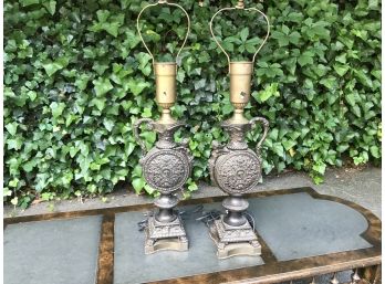 Pair Of Ornate Pitcher Brass Lamps - Need TLC
