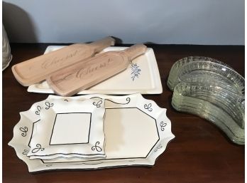 Assorted Kitchen Items - Corningware Bake Tray, Cheese Boards, Salad Crescents, Serving Tray