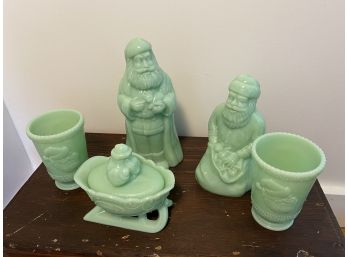 3 Jadeite Santas, 2 Mugs, And Lidded Sled Dish
