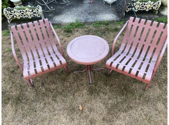 Pair Vintage Red Metal Patio Chairs And Table