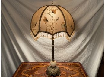Brass Lamp With Marble Ball And Mesh Fabric Shade With Dangling Beads