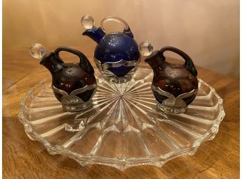 3 Farber Bros. Decanters And Glass Plate