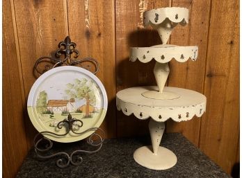 3 Tiered Metal Cupcake Holder And Artist Signed Plate With Metal Plate Rack